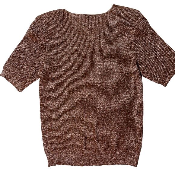 Vintage 90s Christine Phillipe Rose Gold Metallic Knit Short Sleeve Sweater - Picture 2 of 6
